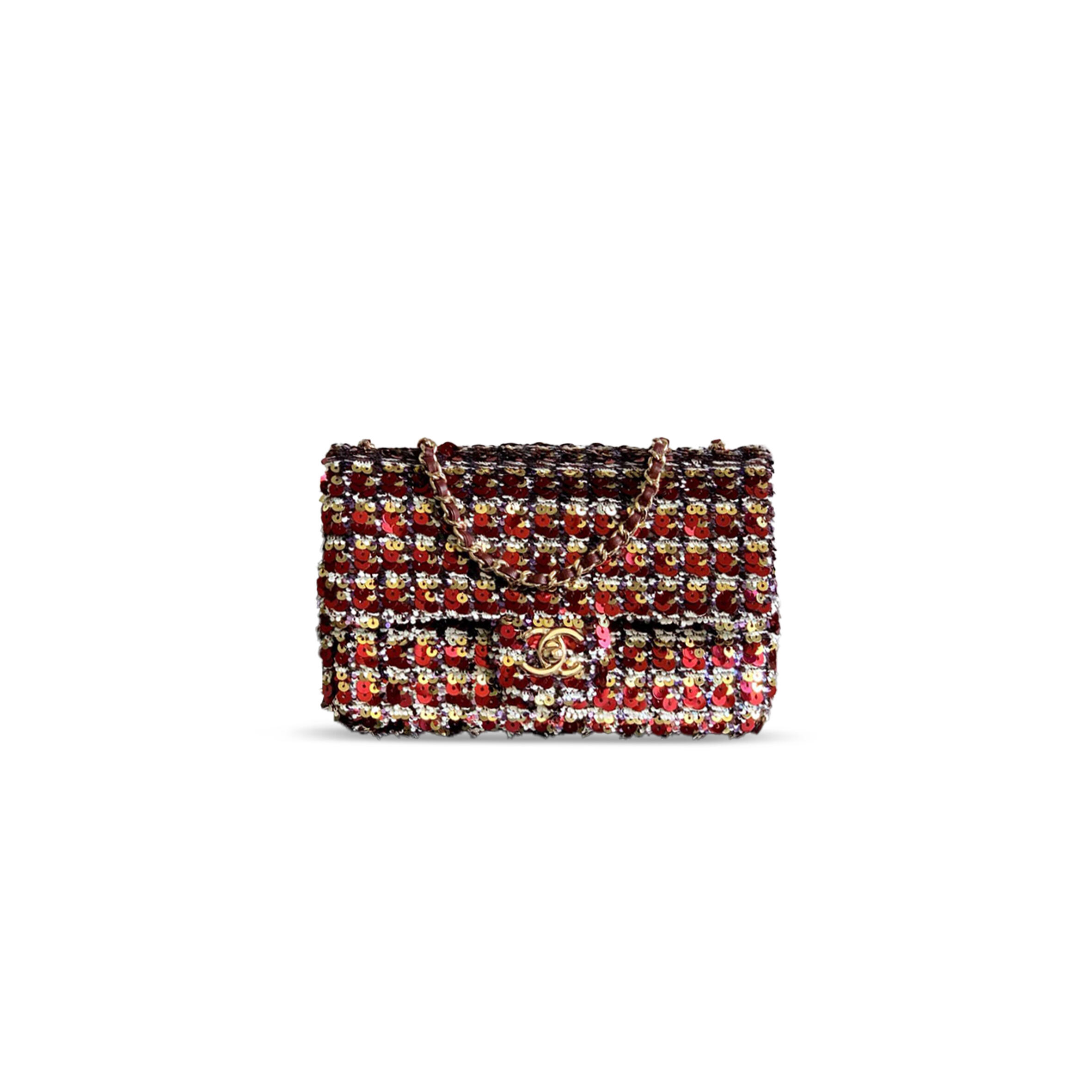 Ch*el flap bag sequins & gold-tone metal golden & date red as4561 (21*14*8cm)